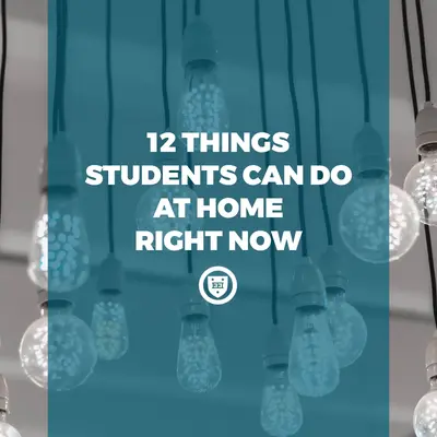 Hanging light bulbs behind teal panel with text "12 Things Students Can Do At Home Right Now" and Elite Prep logo