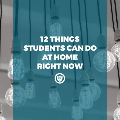 Hanging light bulbs behind teal panel with text "12 Things Students Can Do At Home Right Now" and Elite Prep logo