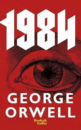 Red book cover of "1984" by George Orwell featuring a large engraved eye