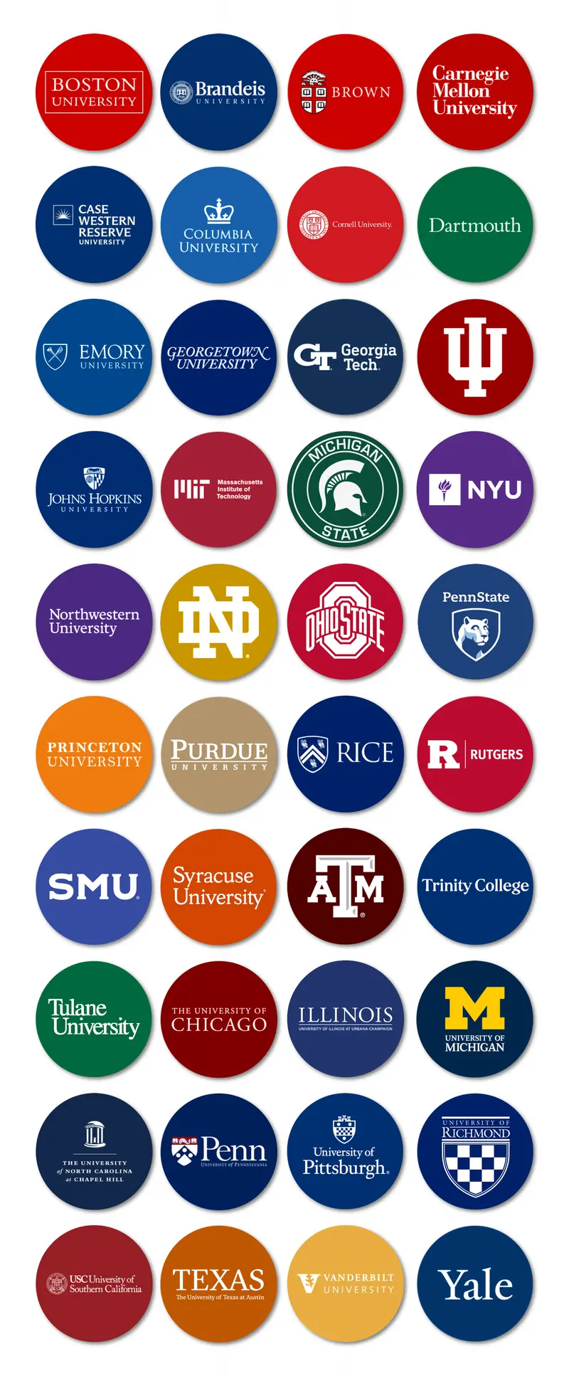 Grid of circular logos for universities including Boston, Brown, Columbia, MIT, Princeton, Rice, Texas and Yale.