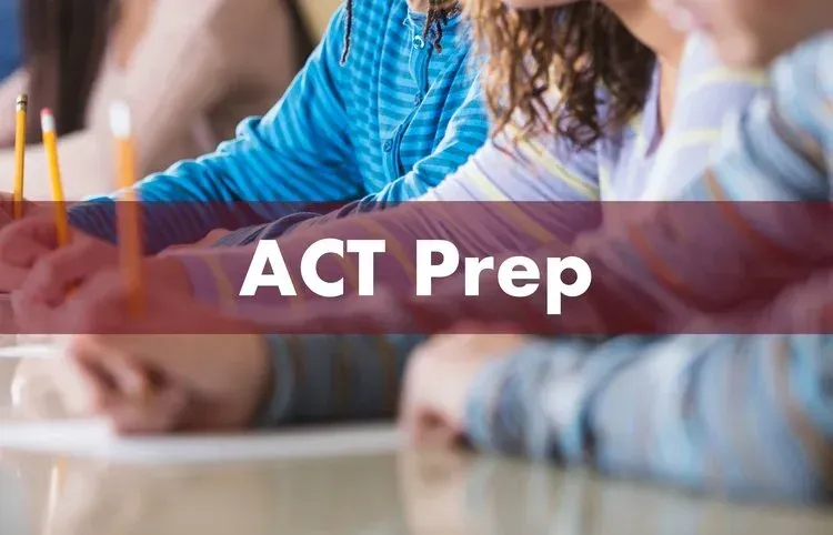 Students seated at a classroom table with pencils and paper, overlaid with the words "ACT Prep"