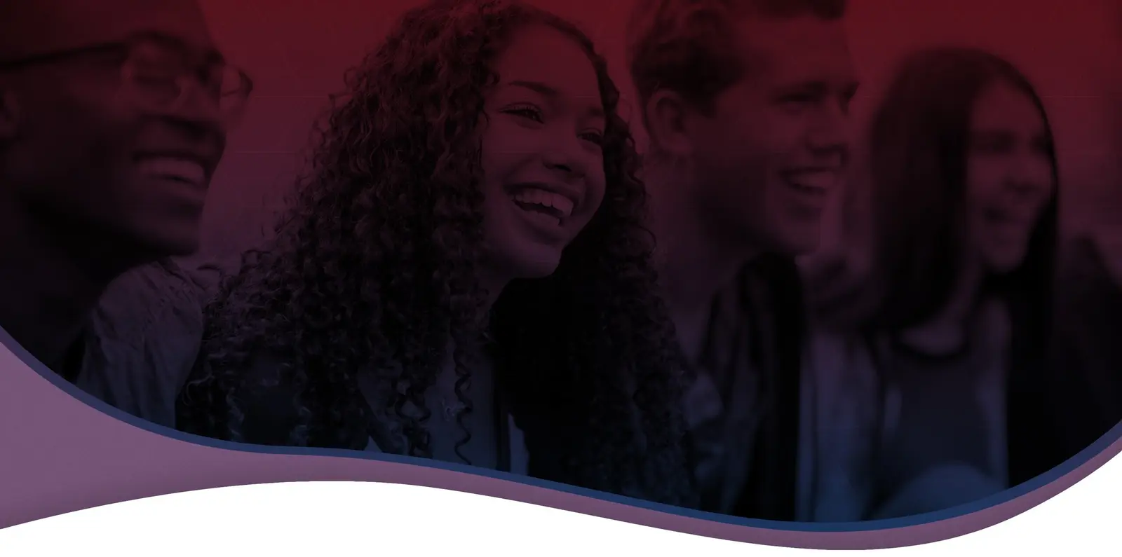Four students smiling and laughing together, shown with a red and purple color overlay