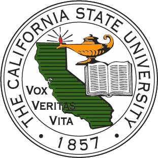 The California State University seal, 1857, showing a state map, open book and lamp with "Vox Veritas Vita".
