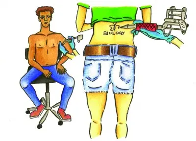 Cartoon of a shirtless man seated holding a syringe while another person in a "Biology" shirt is tattooed by a mechanical arm.