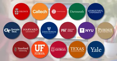 Logos of Brown, Caltech, Cornell, Dartmouth, Georgetown, Georgia Tech, Harvard, Johns Hopkins, MIT, NYU, Purdue, Stanford, Florida, Georgia, Texas and Yale
