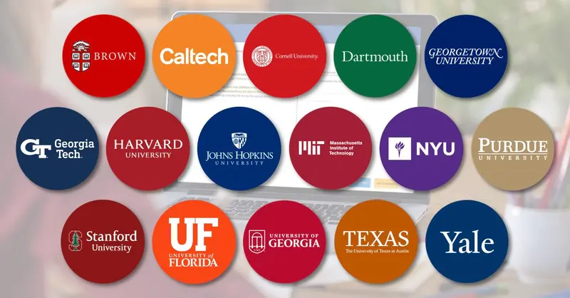 Logos of Brown, Caltech, Cornell, Dartmouth, Georgetown, Georgia Tech, Harvard, Johns Hopkins, MIT, NYU, Purdue, Stanford, Florida, Georgia, Texas and Yale