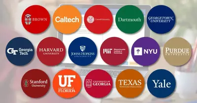 Logos of Brown, Caltech, Cornell, Dartmouth, Georgetown, Georgia Tech, Harvard, Johns Hopkins, MIT, NYU, Purdue, Stanford, Florida, Georgia, Texas and Yale