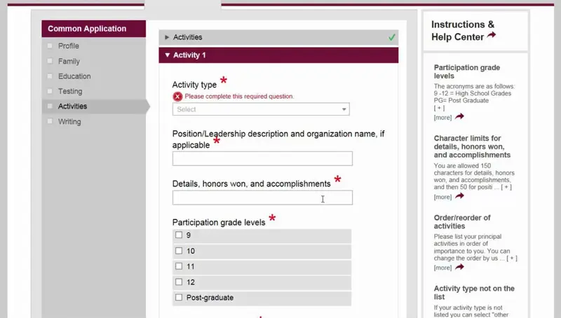 Common Application Activities form showing fields for activity type, position/leadership description, details and honors, and participation grade levels 9-12.
