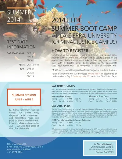 Summer 2014 Elite Summer Boot Camp flyer at La Sierra University, listing test dates, registration info, SAT boot camp schedules and contact details.