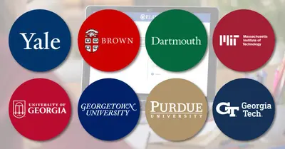 Circular logos for Yale, Brown, Dartmouth, MIT, University of Georgia, Georgetown, Purdue, and Georgia Tech over a tablet