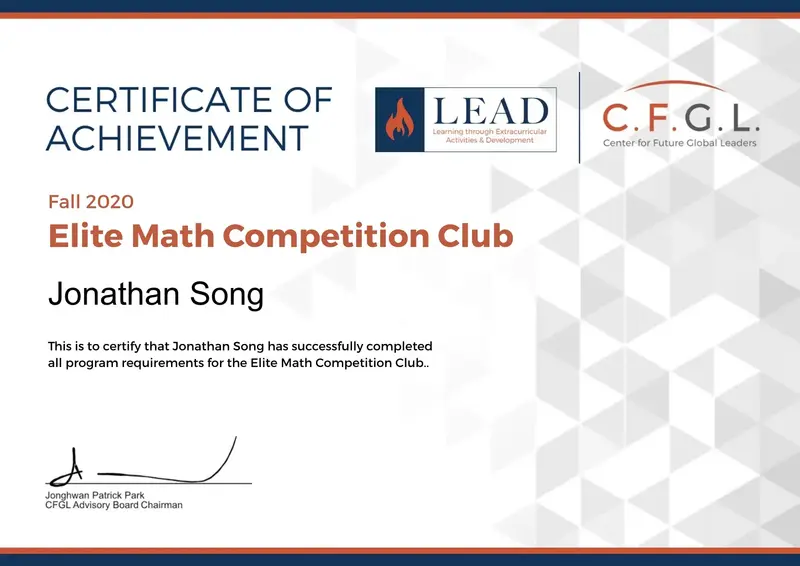 Certificate of Achievement, Fall 2020 Elite Math Competition Club, awarded to Jonathan Song, with LEAD and CFGL logos