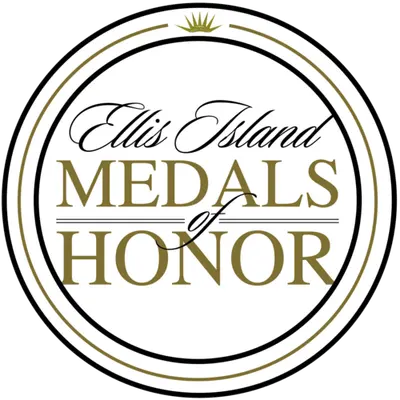 Circular Ellis Island Medals of Honor seal with a small gold crown at the top
