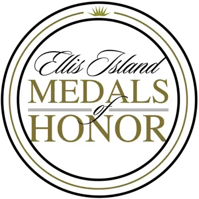 Circular Ellis Island Medals of Honor seal with a small gold crown at the top