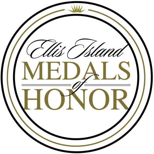 Circular Ellis Island Medals of Honor seal with a small gold crown at the top