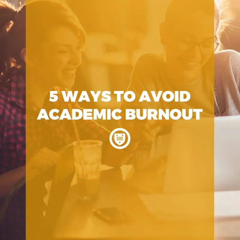 Students laughing around a laptop and drinks at a cafe, with the title "5 Ways to Avoid Academic Burnout"