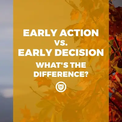Title card over autumn leaves: "Early Action vs. Early Decision — What's the Difference?"