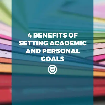 Title card reading "4 Benefits of Setting Academic and Personal Goals" over a blurred stack of colorful paper.