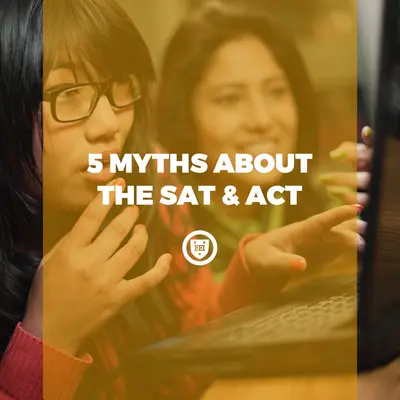 Two students talking over a laptop, with the title "5 Myths About the SAT & ACT" over the photo.
