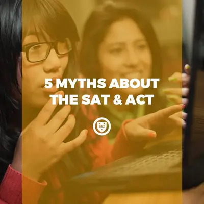 Two students talking over a laptop, with the title "5 Myths About the SAT & ACT" over the photo.