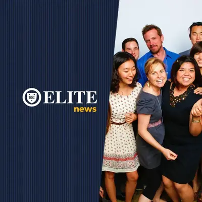 Elite News logo beside a photo of a group of smiling young people posing together