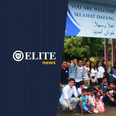Group of young adults and children posed under a banner reading "You Are Welcome / Selamat Datang", beside an Elite News logo.