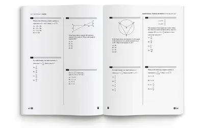 Open SAT math prep workbook showing problem sets on complex numbers, triangles, and circle geometry diagrams