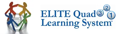 Elite Quad 3-2-1 Learning System logo with colorful paper-doll figures circling a globe and numbered bubbles 3, 2, 1