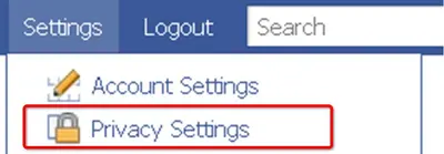 Facebook menu with Settings, Logout and Search tabs, and "Privacy Settings" circled in red below "Account Settings".