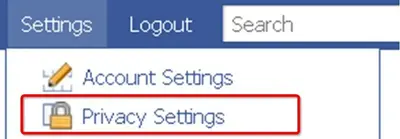 Facebook menu with Settings, Logout and Search tabs, and "Privacy Settings" circled in red below "Account Settings".