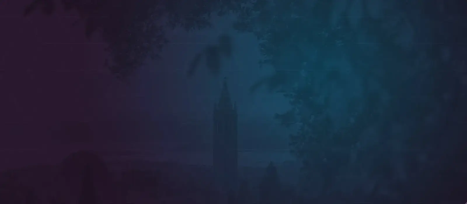 A university campanile tower silhouetted through tree branches in dim blue twilight.