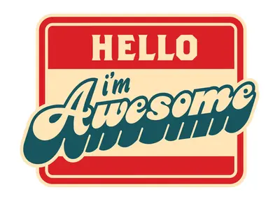 Retro red and cream name tag sticker reading "HELLO i'm Awesome" in bold script lettering.