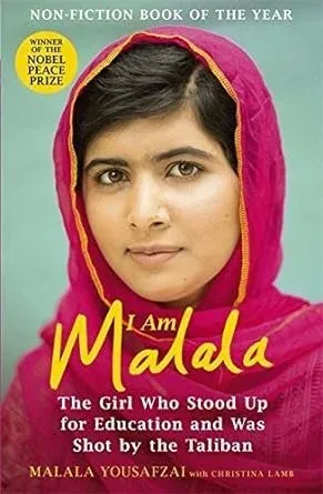 Book cover of "I Am Malala: The Girl Who Stood Up for Education and Was Shot by the Taliban" showing a young woman in a pink headscarf.