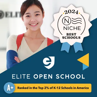 Smiling student with backpack beside a 2024 Niche Best Schools badge: "Elite Open School, ranked in the Top 2% of K-12 Schools in America, A+"