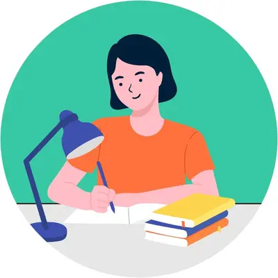 Illustration of a student writing in a notebook at a desk with a lamp and a stack of books