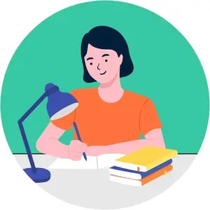 Illustration of a student writing in a notebook at a desk with a lamp and a stack of books