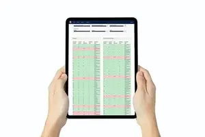 Hands holding a tablet showing a color-coded score report with Reading and Writing and Language answer tables