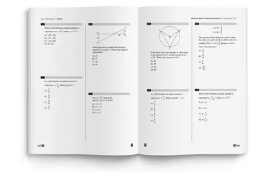 Open SAT math prep workbook showing practice problems on complex numbers, triangles and circle geometry with diagrams.