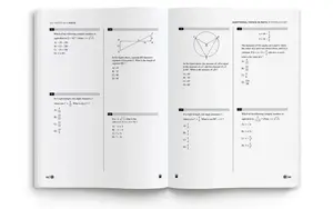 Open SAT math prep workbook showing practice problems on complex numbers, triangles and circle geometry with diagrams.