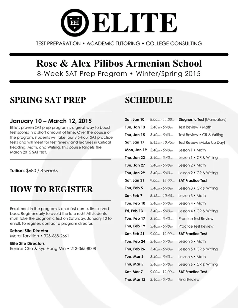 Elite flyer for Rose & Alex Pilibos Armenian School 8-week SAT prep, Jan 10–Mar 12, 2015, $680, with class schedule.