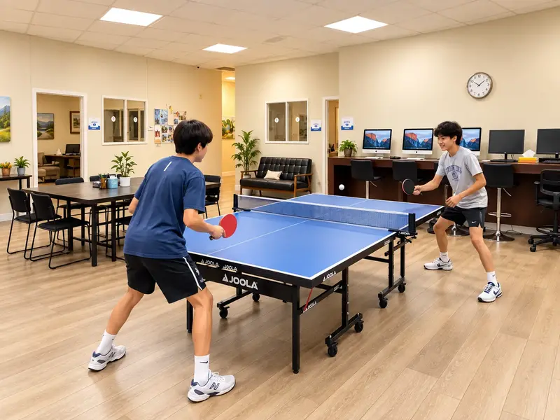 Students playing table tennis in the Rowland Heights lounge