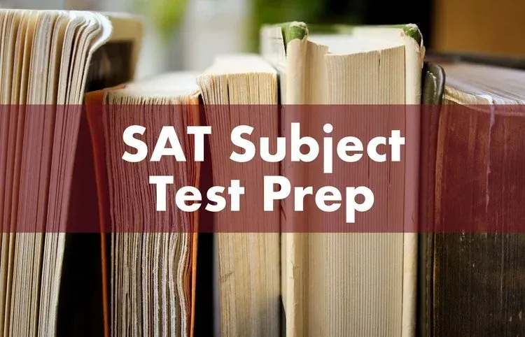 Row of upright books with the text "SAT Subject Test Prep" across a red banner
