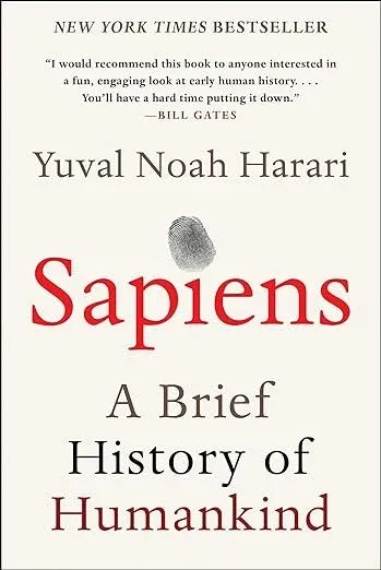 Book cover of "Sapiens: A Brief History of Humankind" by Yuval Noah Harari, with a fingerprint graphic.