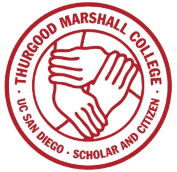 Red circular seal of Thurgood Marshall College, UC San Diego, "Scholar and Citizen," with three clasped hands