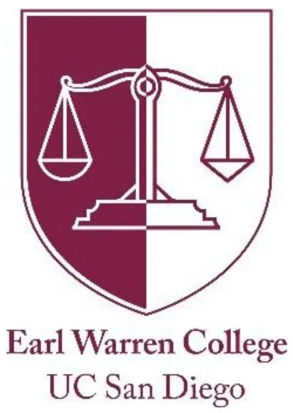 Earl Warren College, UC San Diego crest: a maroon and white shield with scales of justice.