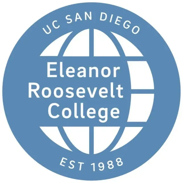 Blue circular seal with a globe reading "UC San Diego, Eleanor Roosevelt College, Est 1988"