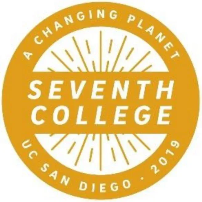 Gold circular seal reading "Seventh College, A Changing Planet, UC San Diego · 2019" with a sunburst design.