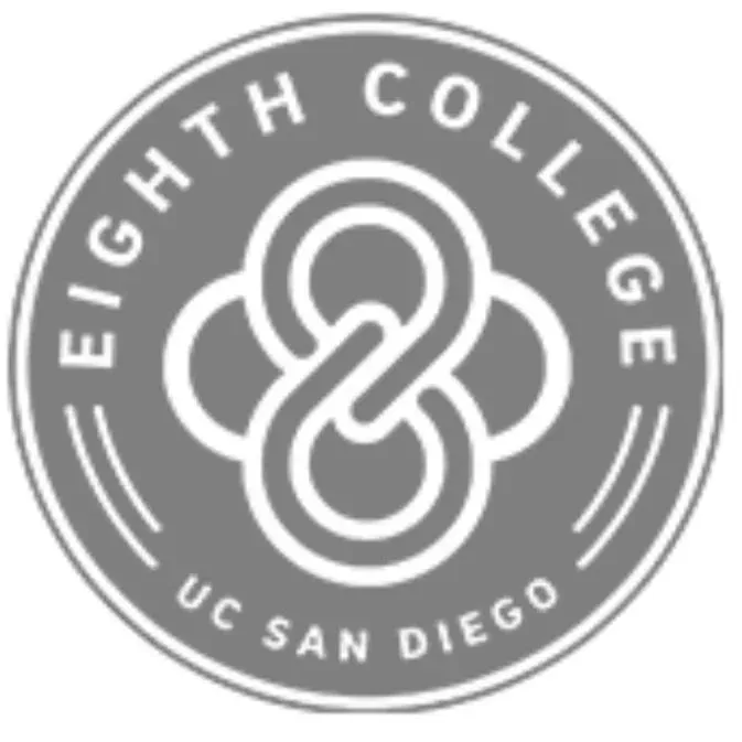 Circular gray seal reading "Eighth College, UC San Diego" around an interlocking looped knot emblem.