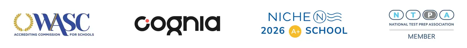 Accreditation logos: WASC Accrediting Commission for Schools, Cognia, Niche 2026 A+ School, and National Test Prep Association member.