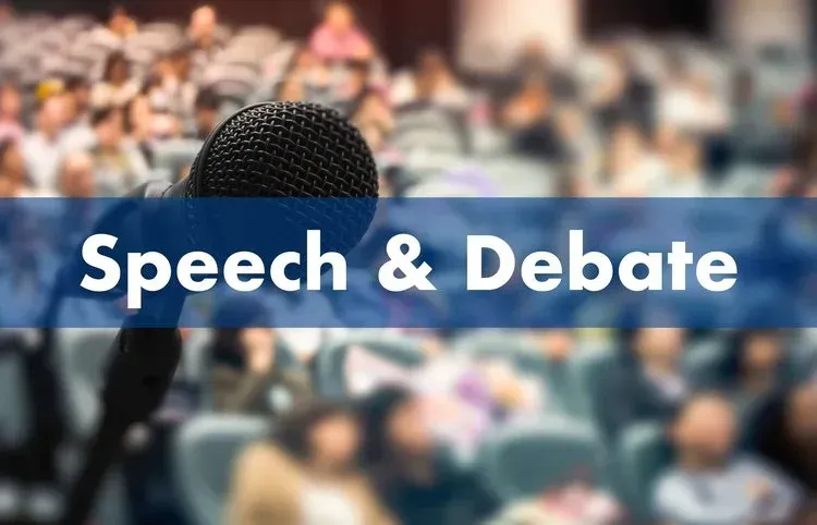 Microphone in front of a blurred auditorium audience, with the banner text "Speech & Debate"