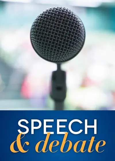 Close-up of a microphone on a stand with a blurred background, above a blue banner reading "Speech & debate"